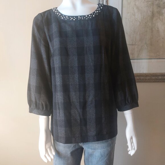 Karl Lagerfeld Paris Black & Grey Plaid top with Pearl Detailing - Picture 2 of 16